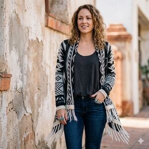 Bongo Boho Aztec Tribal Print Fringe Cardigan Sweater Open Front Black Gray Med